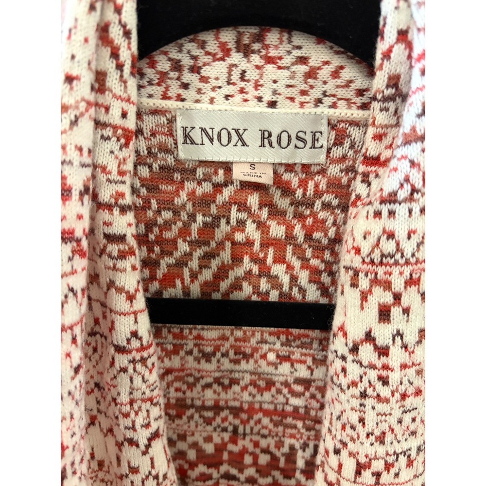 Knox Rose Womens Small Red White Intarsia Open Front Shawl Collar Cardigan - Picture 2 of 7